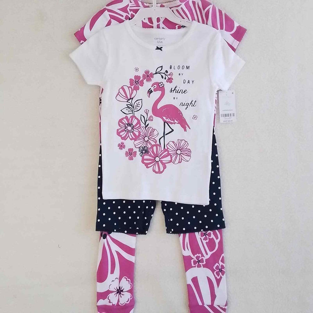 NWT Carter's 4-Piece PJ Set Girl's Size 5 in Pink White and Blue w/‎ Flamingo